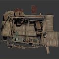 Rustic Wooden Platform Scene With Crates Ropes Thatched Reeds And Frame Structure