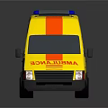 Yellow Ambulance Vehicle With Red Stripes And Blue Emergency Lights