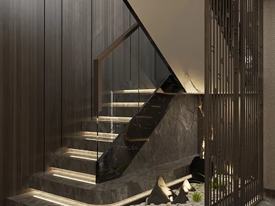 Modern Staircase Design With Glass Railing Marble Steps And Wooden Walls Built-in Lighting 3d model