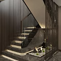 Modern Staircase Design With Glass Railing Marble Steps And Wooden Walls Built-in Lighting