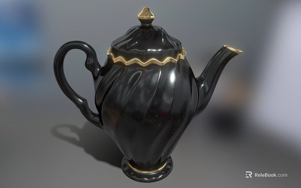 Elegant Black Teapot With Gold Accents On Lid Spout And Curved Handle For Home Living 3d model 