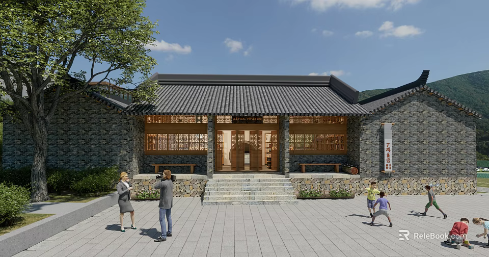 Ancient Architecture With Gray Tile Roof Stone Walls Wooden Windows And Visitors Exploring Courtyard 3d model 