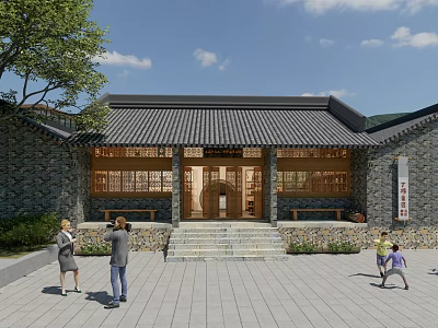 Ancient Architecture With Gray Tile Roof Stone Walls Wooden Windows And Visitors Exploring Courtyard 3d model