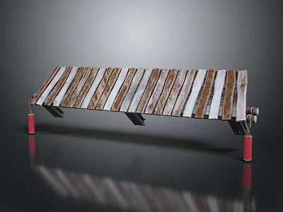 Modern Architectural Bench Featuring Wooden Slats And Red Support Legs Structure 3d model
