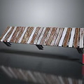 Modern Architectural Bench Featuring Wooden Slats And Red Support Legs Structure 3d model