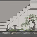 Indoor Landscape with Marble Staircase Bonsai Pine Tree Red Decoration Pebbles and Moss Soft Lighting