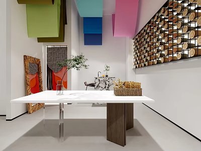 Clothing Store Interior Featuring Colorful Hanging Decor Wooden Wall Art and Display Table with Plants 3d model