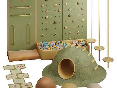 Indoor Kids Play Space With Climbing Wall Colorful Blocks And Tunnel 3d model