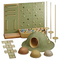 Indoor Kids Play Space With Climbing Wall Colorful Blocks And Tunnel