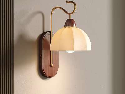 Modern Wooden Wall Sconce With Brass Arm And Beige Fabric Shade 3d model