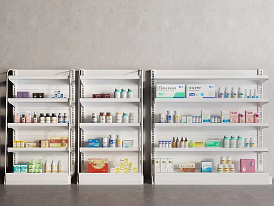 Organized Medical Device Storage Shelves with Categorized Supplies and Labeled Products 3d model