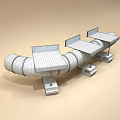 Creative Public Chair Made From Gray Pipe With Three Black Seats And Concrete Bases