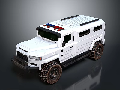White Armored Military Vehicle With Red And Blue Roof Lights Off Road Tires 3d model