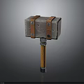 Square Metal Head Weapon With Orange Straps And Yellow Cable Like Handle 3d model
