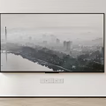 Wall Mounted Television Displaying City River View With Stacked Books Nearby