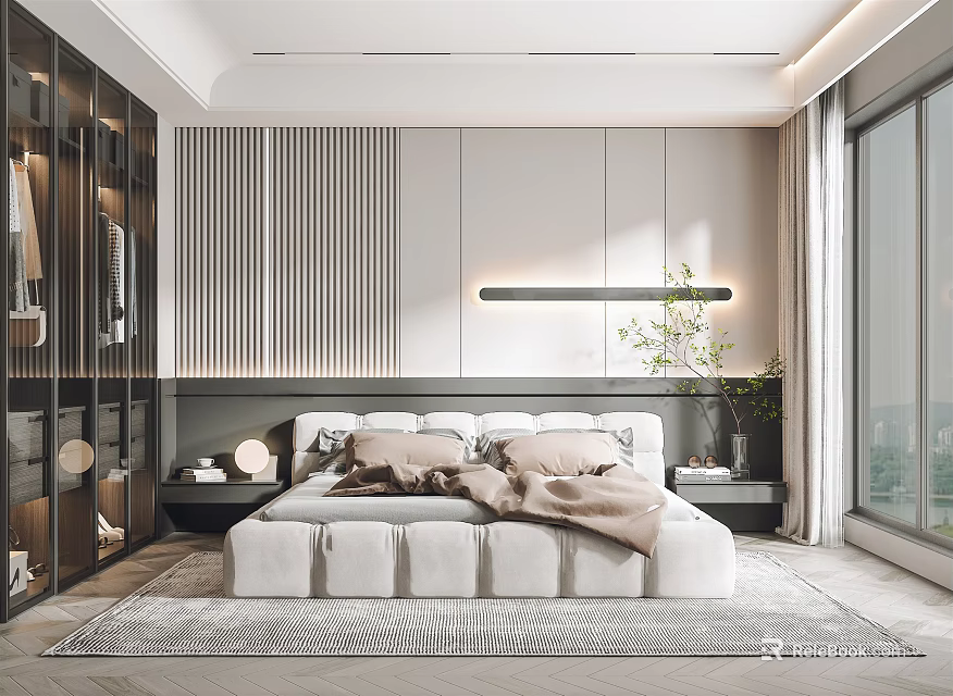 Modern Bedroom Interior Featuring White Bed Striped Accent Wall Open Wardrobe And Area Rug 3d model 