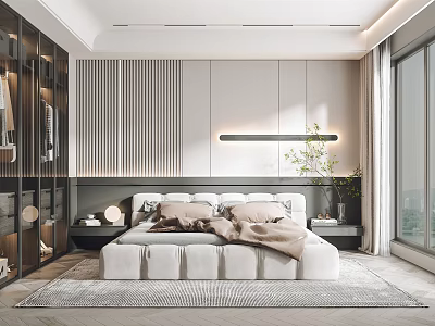 Modern Bedroom Interior Featuring White Bed Striped Accent Wall Open Wardrobe And Area Rug 3d model