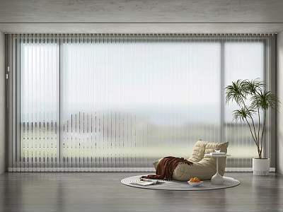 Sliding Window Curtains In Modern Living Room With Natural View Round Rug And Potted Plant 3d model