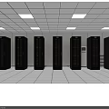 Black Server Racks Arranged In White Room With Ceiling Lights And White Tiles
