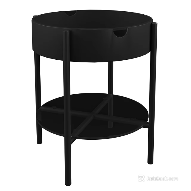 Modern Black Round Side Table With Drawer And Metal Frame Lower Shelf 3d model