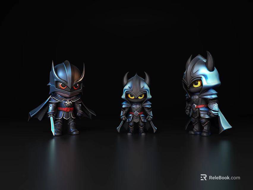 Three Cartoon Style Armored Characters With Glowing Eyes And Cloaks On Black Background 3d model 