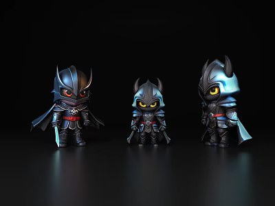 Three Cartoon Style Armored Characters With Glowing Eyes And Cloaks On Black Background 3d model