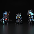 Three Cartoon Style Armored Characters With Glowing Eyes And Cloaks On Black Background