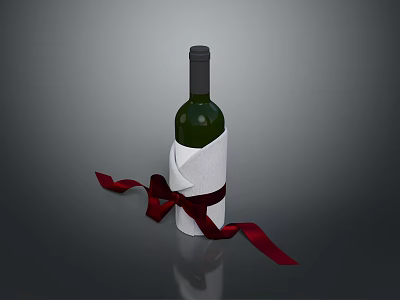 Elegant Green Wine Bottle Wrapped in White Napkin With Red Ribbon on Dark Background 3d model