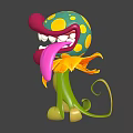 Colorful Cartoon Plant with Exaggerated Mouth Teeth Tongue Yellow Petals and Green Curly Vines
