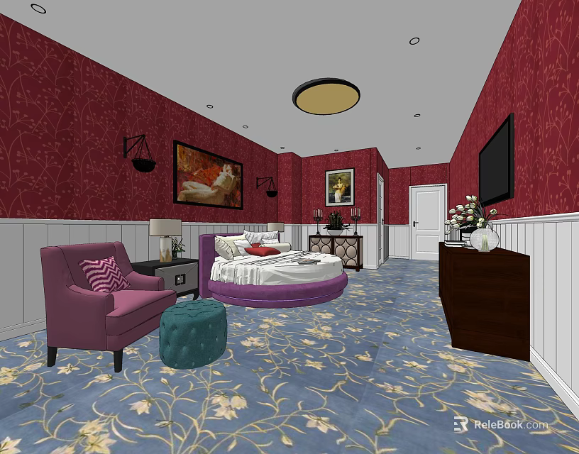 Hotel Guest Room Featuring Red Walls Purple Furniture Round Bed And Blue Floral Carpet 3d model 