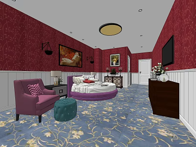 Hotel Guest Room Featuring Red Walls Purple Furniture Round Bed And Blue Floral Carpet 3d model