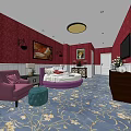 Hotel Guest Room Featuring Red Walls Purple Furniture Round Bed And Blue Floral Carpet