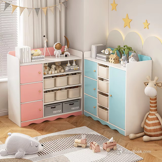 Adorable Pink and Blue Kids Storage Cabinet for Children's Room with Toys Books and Decorations 3d model 