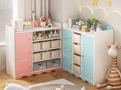 Adorable Pink and Blue Kids Storage Cabinet for Children's Room with Toys Books and Decorations 3d model