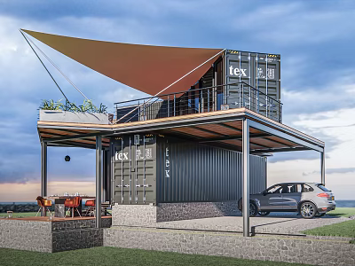 Shipping Container Rest Stop With Awning Car Parking And Outdoor Seating Area 3d model