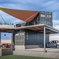 Shipping Container Rest Stop With Awning Car Parking And Outdoor Seating Area