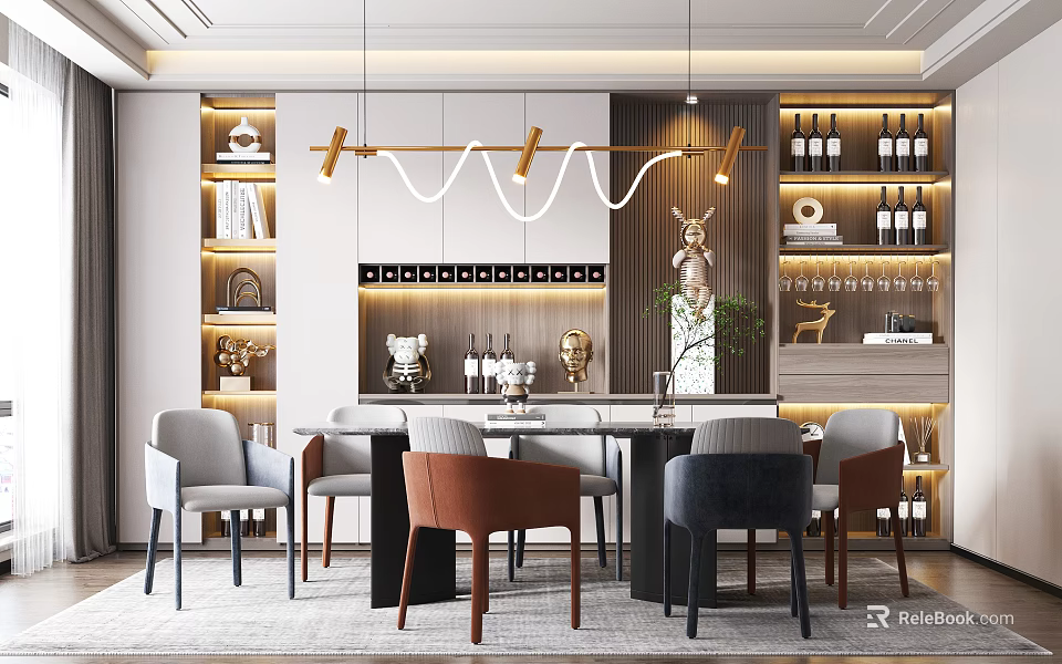 Stylish Restaurant Interior With Hanging Lights Dining Table And Wine Racks 3d model