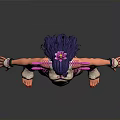 3D Character Model With Purple Hair Decorative Outfit Extended Arms And Colorful Accessories