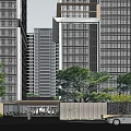 Night View High Rise Residential Landscape With Glass Curtain Walls Illuminated Lights And Waterfront Trees