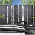 Serene Black Stone Feature Wall With Waterfall Pine Trees And Arch Bridge