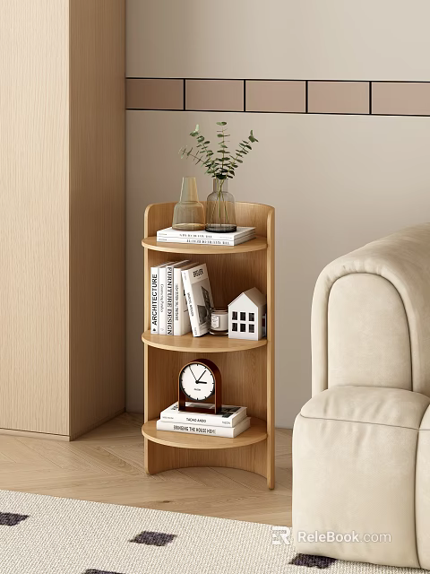 Wooden Multi Tier Side Table With Green Plants Books Clock And Small House Model 3d model 