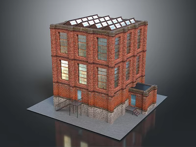 Red Brick Multi Story Residential Building with Skylights and Entrance Stairs 3d model