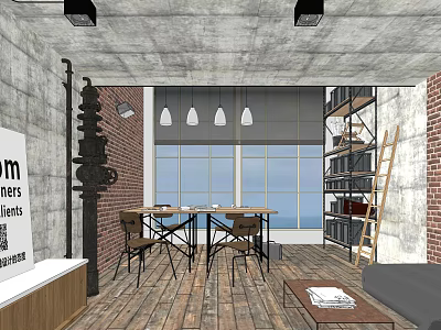 Industrial Office Interior With Concrete Ceiling Brick Wall Pendant Lights Large Windows And Wooden Floor 3d model