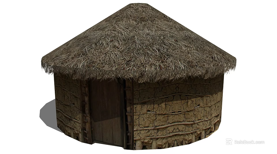 Traditional Thatched Hut With Round Mud Wall Structure And Wooden Door Design 3d model 