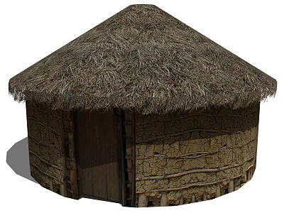Traditional Thatched Hut With Round Mud Wall Structure And Wooden Door Design 3d model