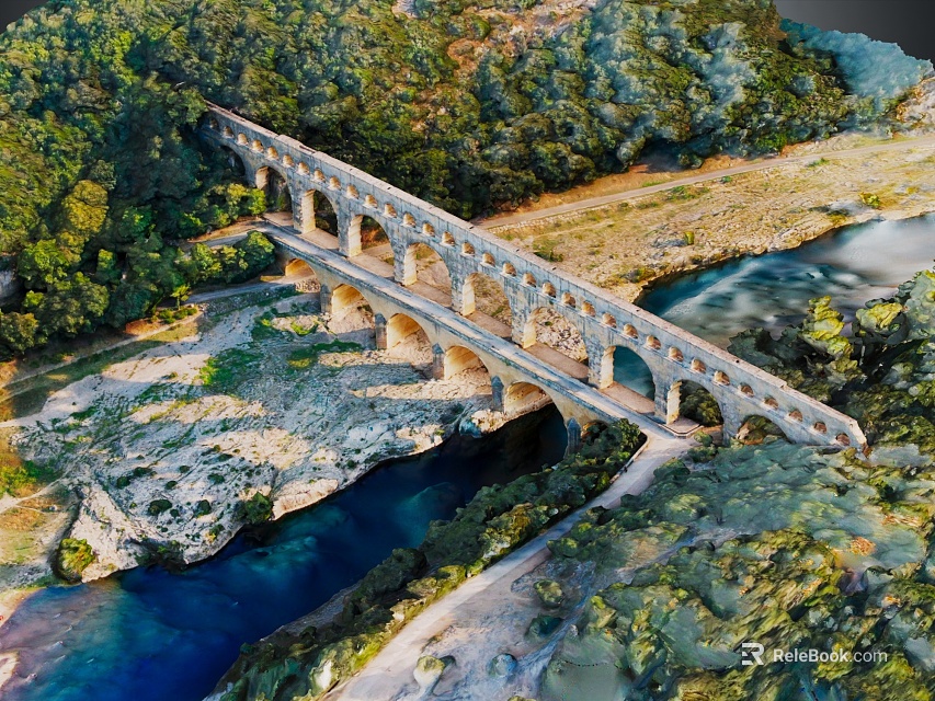 Historic Stone Arch Bridge Spanning River Amidst Green Trees And Natural Landscape 3d model 