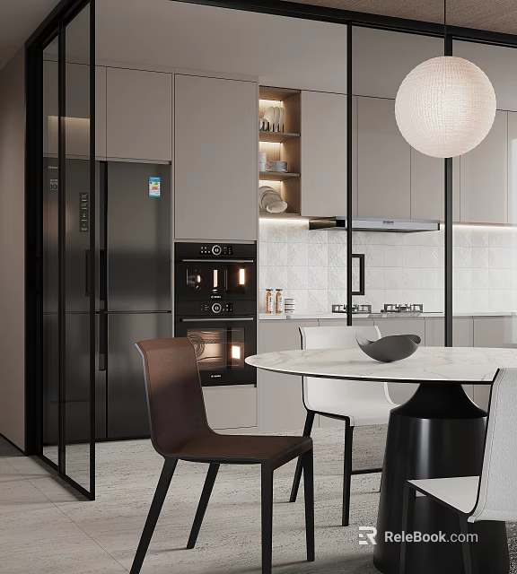 Modern Dining Table Combination With Marble Top And Stylish Chairs In Contemporary Kitchen 3d model 