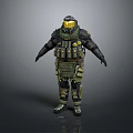 Armored Humanoid Creature in Tactical Suit With Helmet and Protective Gear Standing Pose