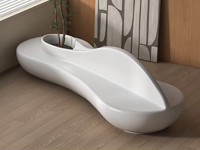 Unique White Stool with Built-in Planter and Plant on Wooden Floor Decorative Artwork and Window 3d model