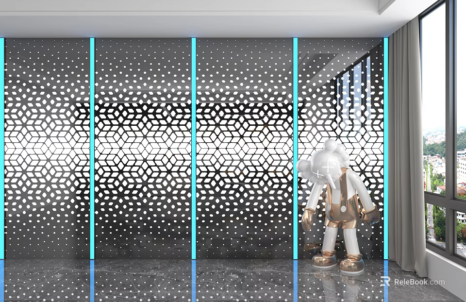 Modern Wall Paneling Interior With Hexagonal Perforated Pattern LED Lighting And Decorative Sculpture 3d model 